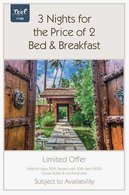 Enjoy 3 Nights for the Price of  2 at Reef Sri Lanka until 30th April 2025