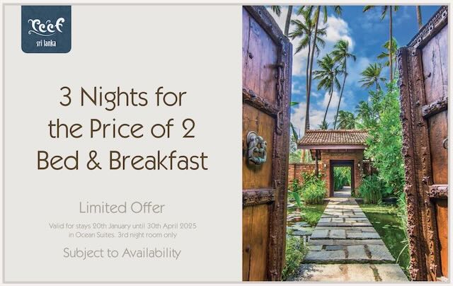 Enjoy 3 Nights for the Price of  2 at Reef Sri Lanka until 30th April 2025